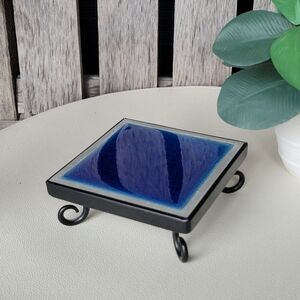 Blue Ceramic Tile with Black Base Candle Holder Trivet